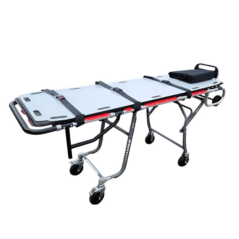 Funeral director transporting body with mortuary stretcher